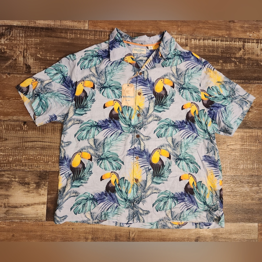Caribbean silk blend parrot button up shirt Size 2XB NWT